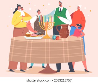 Familia feliz de Israel celebra el feriado de Hanukkah, Festival de Luces Judío. Padres y niños encendiendo velas en Menorah se ponen a la mesa con dulces tradicionales. Ilustración de vectores de personas de caricatura