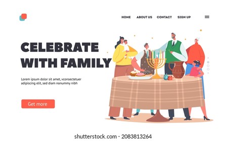 Happy Israel Family Celebrate Hanukkah Holiday Landing Page Template. Parents and Children Lighting Candles on Menorah Stand on Table with Traditional Sweets. Cartoon People Vector Illustration