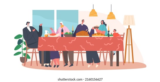 Happy Israel Family Celebrate Hanukkah Holiday or Having Dinner at Home, Jewish Parents, Grandparents and Child Sitting at Table with Traditional Meals and Candles. Cartoon People Vector Illustration