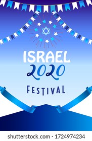 Happy Israel Independence Day Festival Poster, 2020 Jewish Holiday banner with traditional symbols, star of David, Israeli blue flag, decoration, greeting card, blank page place for text