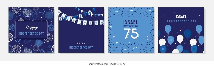 Feliz Día de la Independencia de Israel tarjeta de saludo, afiche, volante, invitación con los colores nacionales y estrella, garland, bandera. Plantilla de vacaciones judías para su diseño. Ilustración del vector