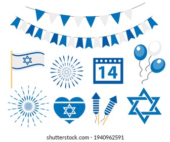 Happy israel independence day icons set. Jewish holiday, flag, bunting, star of david, fireworks. Vector illustration.