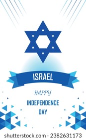 Happy Israel independence day, nation banner, national festival celebration, flag color combination, patriot sign, blue star, retro geometric pattern, vertical abstract design
