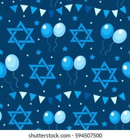 Happy Israel Independence Day seamless pattern with flags and bunting. Jewish Holidays endless background, texture. Jewish backdrop. Vector illustration