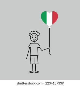 happy italian boy, love Italy sketch, male character with a heart shaped balloon, black line vector illustration