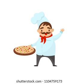 Happy Italian chef holding pizza and waving by hand. Professional restaurant worker. Flat vector icon of man in kitchen uniform