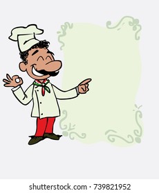 Happy italian chef makes the gesture of ok. Is showing, as if he were in front of a blackboard, the data you want.