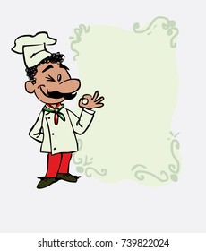 Happy italian chef makes the gesture of ok. Is showing, as if he were in front of a blackboard, the data you want.