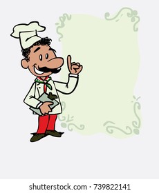 happy italian chef is showing, as if he were in front of a blackboard, the data you want. He has a folder in his hand.