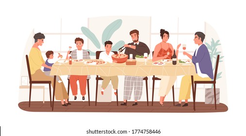 Happy Italian family enjoying festive dinner together vector flat illustration. Smiling relatives eating national dishes, drinking wine and talking to each other isolated on white. Holiday meal