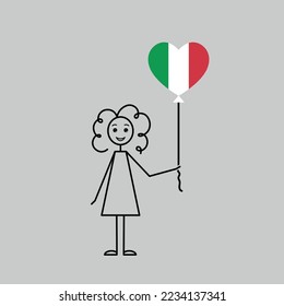 happy italian girl, love Italy sketch, female character with a heart shaped balloon, black line vector illustration