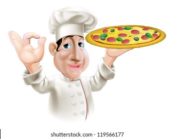 A happy Italian pizza chef doing an okay gesture and holding a tasty pizza.