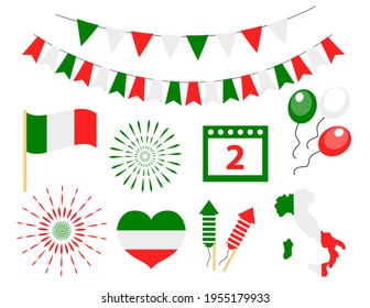 Happy Italy independence day icons set. festa della repubblica flag, bunting, map, fireworks. Vector illustration