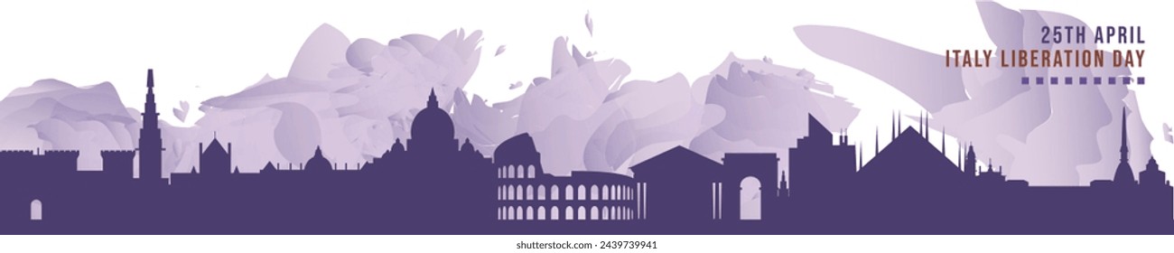 Feliz Día de la Liberación de Italia en abril banner con horizonte de las ciudades, panorama. Gráfico de celebración de vector plano, diseño para pie de página, vapor, cabecera	