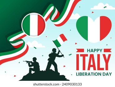 Feliz Día de la Liberación en Italia Ilustración vectorial el 25 de abril con bandera ondulante italiana y cinta de opciones en fondo de caricatura de vacaciones