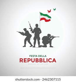 Happy Italy Republic Day June 2nd Celebration and Soldier Kneeling Vector Illustration. Template for Poster, Banner, Advertising, Greeting Card or Print Design Element.