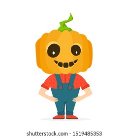 Happy Jack O Lantern Costume for Halloween. Little boy with Pumpkin head isolated on white background. Illustration can be used for children's holiday or clothing design, cards, invitations and banner