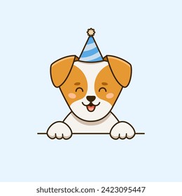 Happy jack russell terrier dog is wearing party hat. Vector flat illustration in cartoon style at birthday or other celebrations