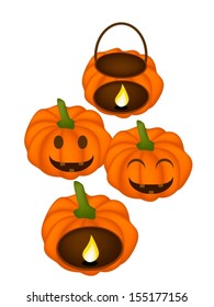 Happy Jack-o-Lantern Pumpkins and Pumpkin Baskets with Candle Light Isolated on White Background, For Halloween Celebration 