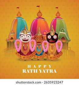 Happy jagannath rath yatra celebration background with vector illustration of lord  jagannath balabhadra and subhadra 
