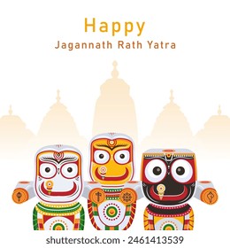 Happy Jagannath Rath Yatra greeting card design concept. Lord Jaganntha, Balabhadra, and Subhadra idols.