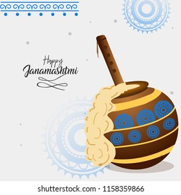 Happy Janamashtami Celebration Background Card Designs With Pot Full Of Butter with Flute.