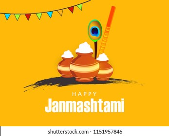 Happy Janmashtami 2018. Indian festival Dahi handi on Janmashtami, celebrating birth of Krishna. Abstract background,
Template for creative flyer, banner, greeting cards Vector illustration
