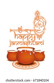 Happy Janmashtami. Annual Hindu celebration of the birth of Krishna. Dahi handi on Janmashtami. Concept design for posters, leaflets, greeting cards. Vector illustration