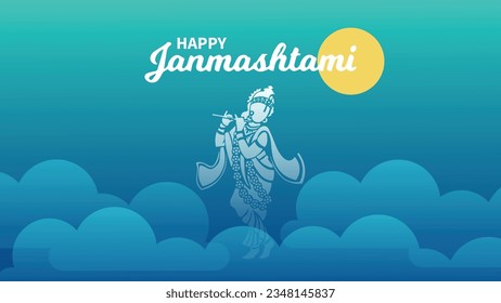 happy janmashtami background illustration. The illustration depicts a serene and mystical landscape with a starlit sky. A full moon shines brightly, casting a gentle glow over the scene.