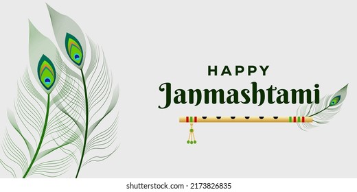 happy Janmashtami background illustration with peacock feather and krishna flute