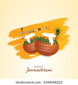 Happy janmashtami background with matki makhan and bansuri