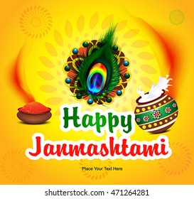 happy janmashtami background with pot & feather vector illustraton 