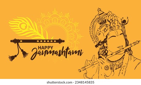 happy janmashtami background yellow illustration. The illustration depicts a serene and mystical landscape with a starlit sky. A full moon shines brightly, casting a gentle glow over the scene.