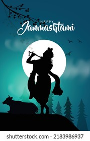 Happy Janmashtami  With Blue Background Silhouette Vector Illustration Design 