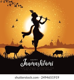 Happy Janmashtami  With blue Background Silhouette abstract Vector Illustration design 