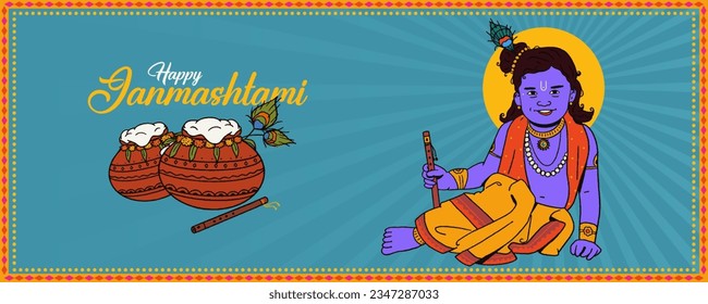 Happy Janmashtami calligraphy and vector with Lord Krishna playing flute vector illustration background, banner, digital post, poster, and card design