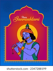 Happy Janmashtami calligraphy and vector with Lord Krishna playing flute vector illustration background, banner, digital post, poster, and card design
