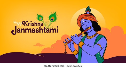 Happy Janmashtami calligraphy and vector with Lord Krishna playing flute vector illustration background, banner, digital post, poster, and card design