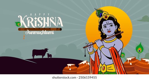 Happy Janmashtami calligraphy and vector with Lord Krishna playing flute vector illustration background, banner, digital post, poster, and card design
