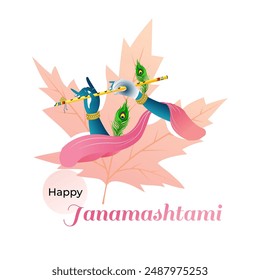 A Happy Janmashtami card depicts Lord Krishna playing a flute, adorned with a peacock feather, set against a backdrop of maple leaves, blending cultural symbolism with natural beauty.