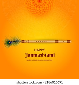  Happy janmashtami card with peacock feather and flute.