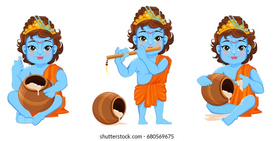 Happy Janmashtami. Celebrating birth of Krishna. Boy with flute and a pot. Traditional Indian fest. Vector illustration on abstract background. Set