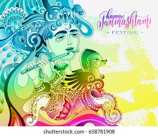 happy janmashtami celebration colorful design with a picture of a krishna who plays the flute and hand written lettering holiday text, vector illustration