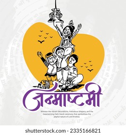 Happy Janmashtami celebration Indian festival social media post flyer banner poster in Hindi calligraphy, In HIndi Janmashtami  means Happy Janmashtami, lord krishna birthday, gokulashtami