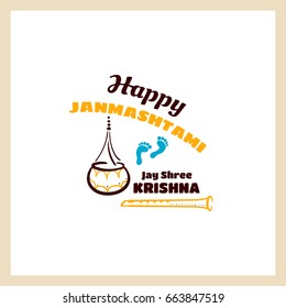 Happy Janmashtami. Color badge with congratulations on white background. Can be used for labels or banners or posters or prints for t shirts for indian holiday. Vector illustration.