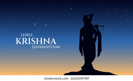 Happy Janmashtami  With colorfull sky Background Silhouette abstract Vector Illustration design. illustration for Krishna Janmashtami Happy Janmashtami lord Krishna Playing Flute.