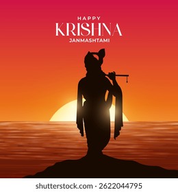 Happy Janmashtami  With colorfull sky Background Silhouette abstract Vector Illustration design. illustration for Krishna Janmashtami Happy Janmashtami lord Krishna Playing Flute.
