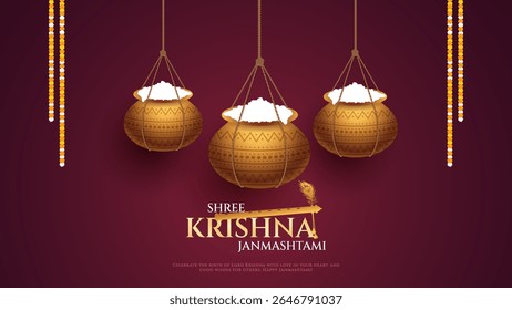 Happy Janmashtami  With Dahi Handi Background Illustration design. illustration for Krishna Janmashtami. Happy Janmashtami realistic  Lord Krishna vector.