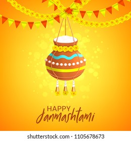 Happy Janmashtami design card. Vector illustration with hanging yogurt pot on the festive garlands. Gretting card.