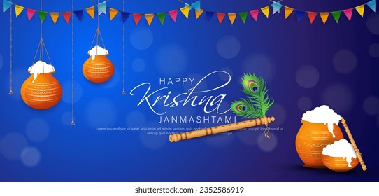 Happy Janmashtami festival banner template design with dahi handi and peacock feather. vector illustration .